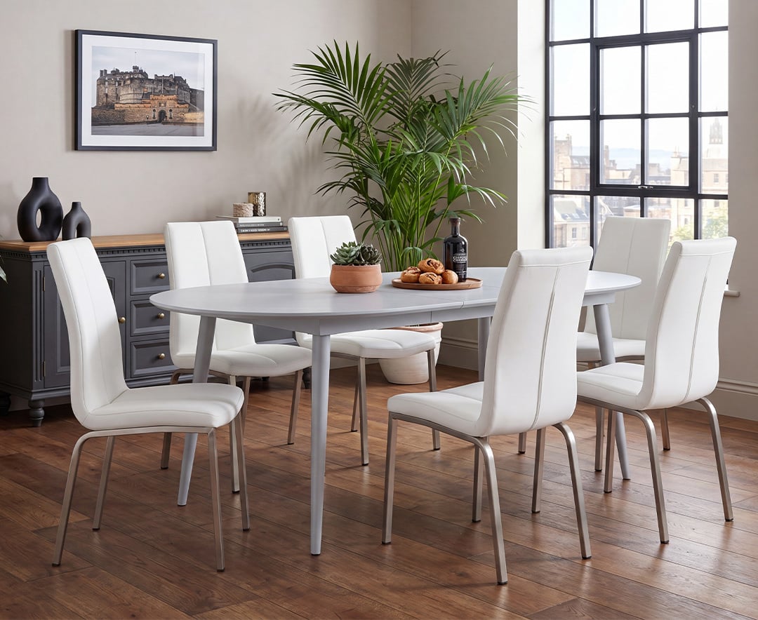 Extending Veneti Light Grey High Gloss Dining Table with 6 White Marco Chairs