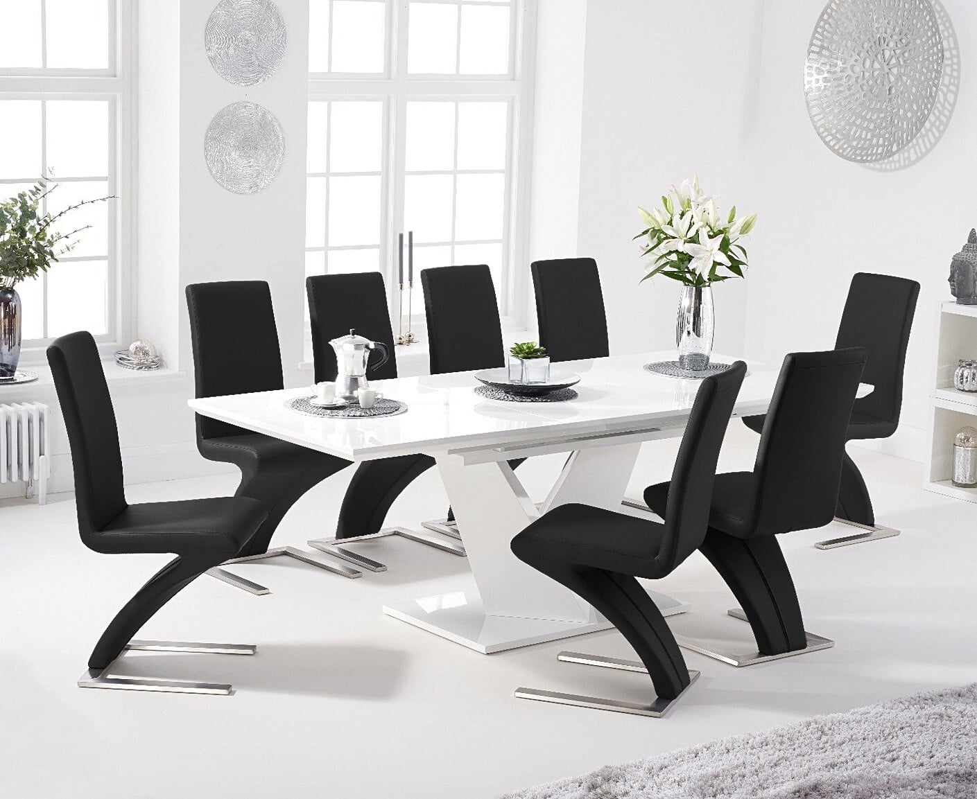 Extending Vittorio 160cm White High Gloss Dining Table with 10 Grey Aldo Chairs
