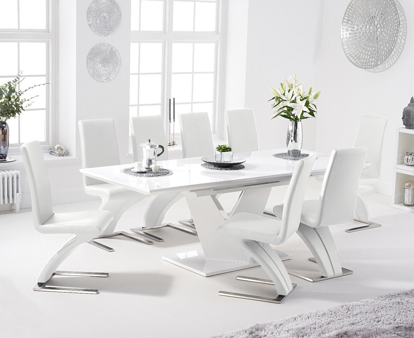 Extending Vittorio 160cm White High Gloss Dining Table with 10 Grey Aldo Chairs