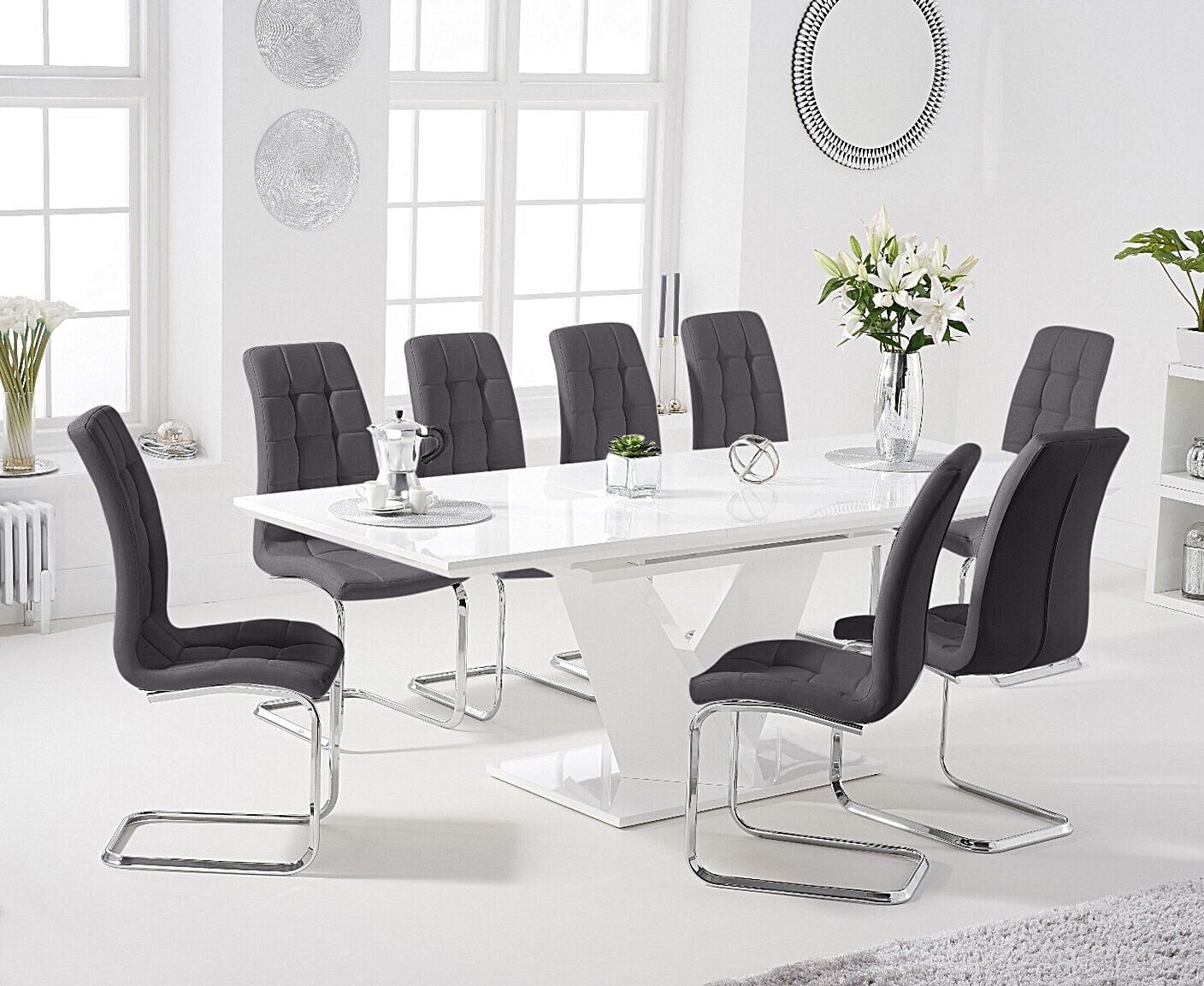 Extending Vittorio 160cm White High Gloss Dining Table With 8 Grey Vigo Chairs