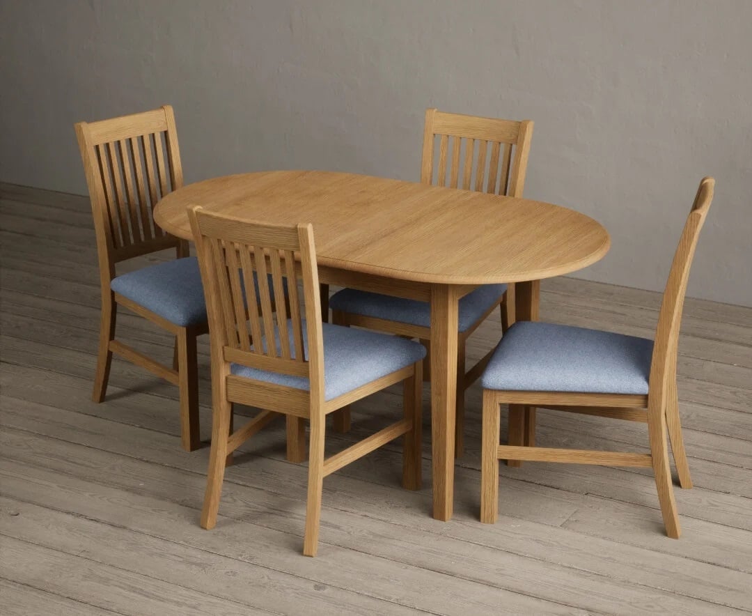 Extending Warwick Solid Oak Dining Table with 4 Blue Warwick Chairs