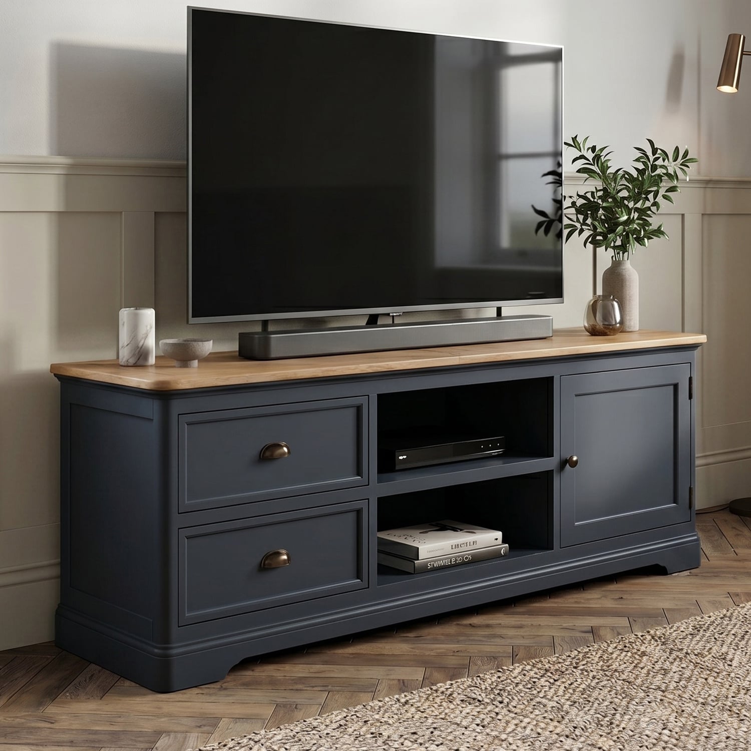 Bridstow Oak and Blue Painted Super Wide TV Cabinet