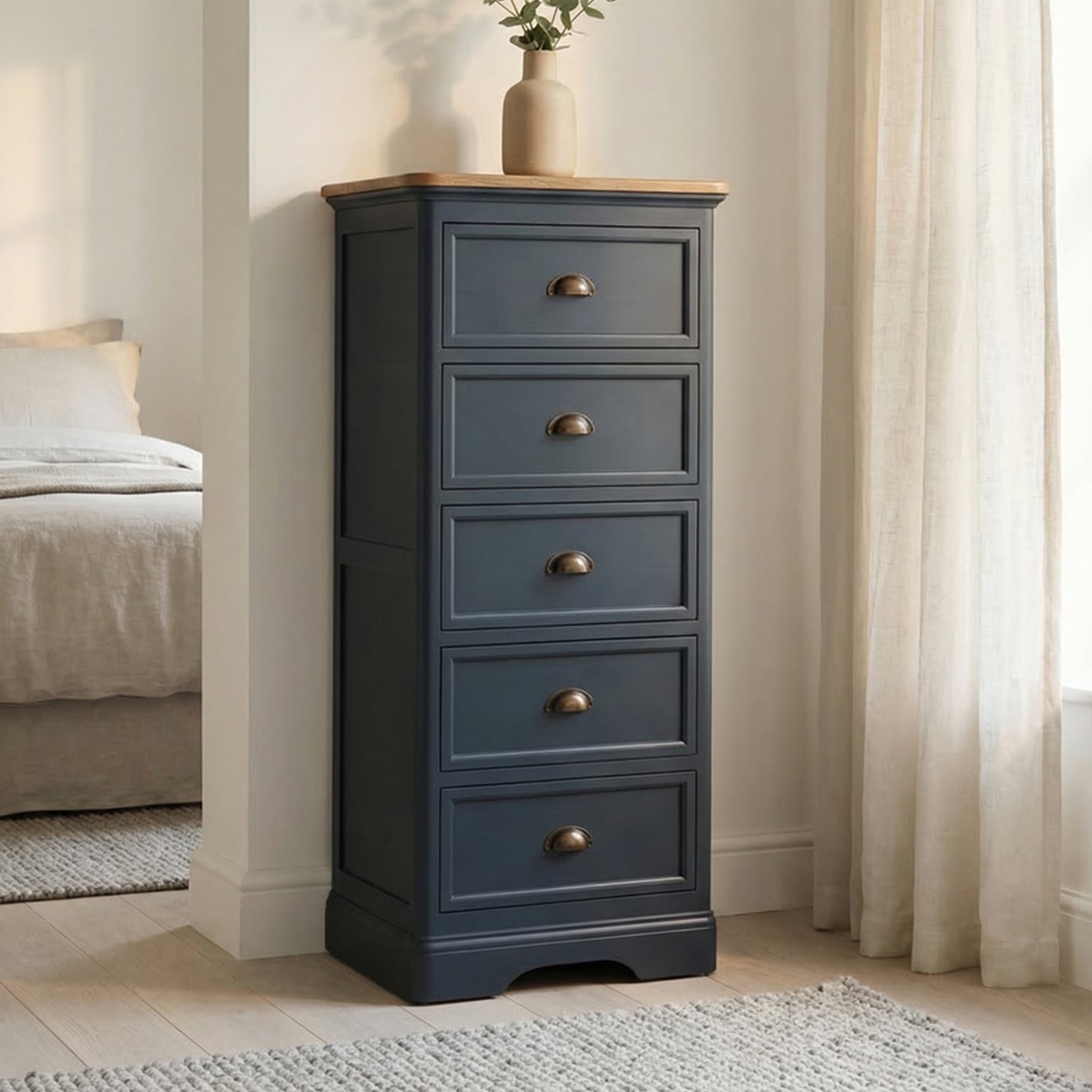 Bridstow Oak and Blue Painted 5 Drawer Tallboy