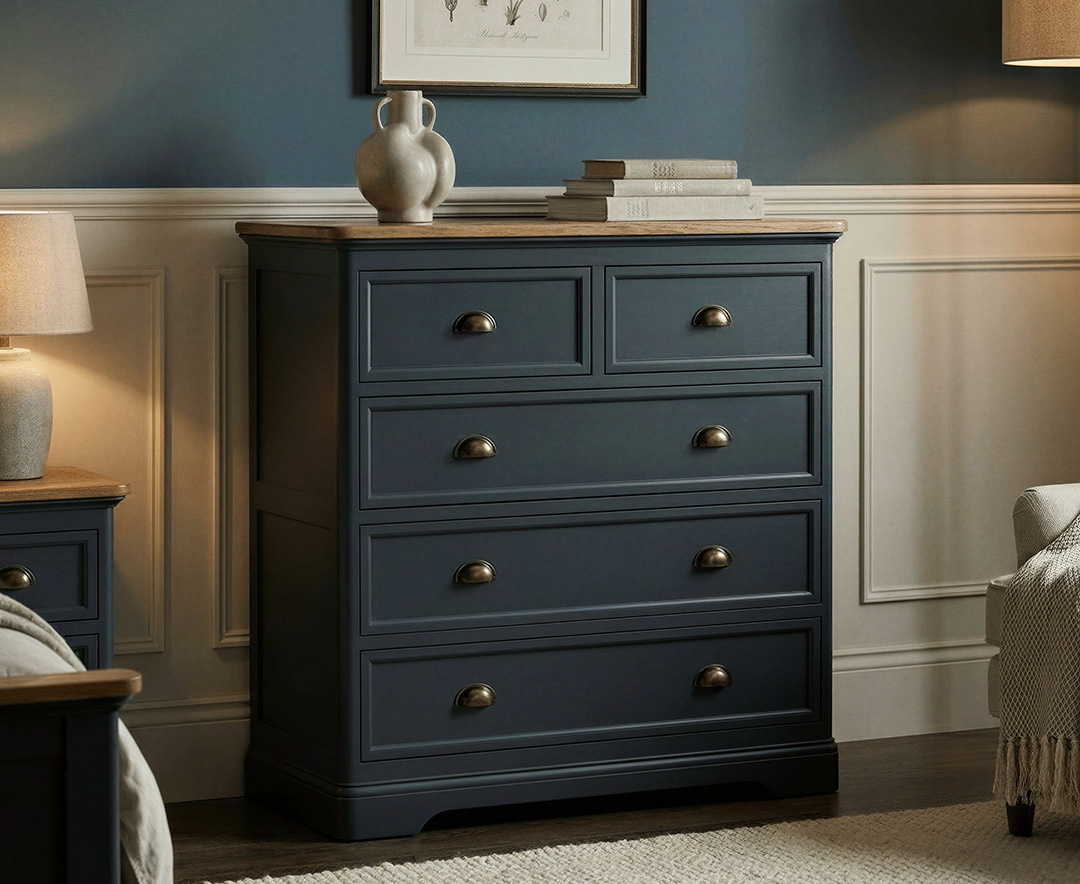 Bridstow Oak and Blue Painted 2 Over 3 Chest of drawers | Oak&More