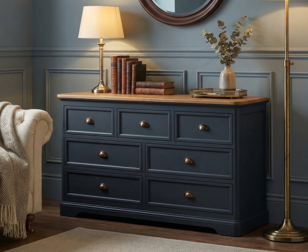 Bridstow Oak and Blue Painted Wide Chest Of Drawers | Oak&More