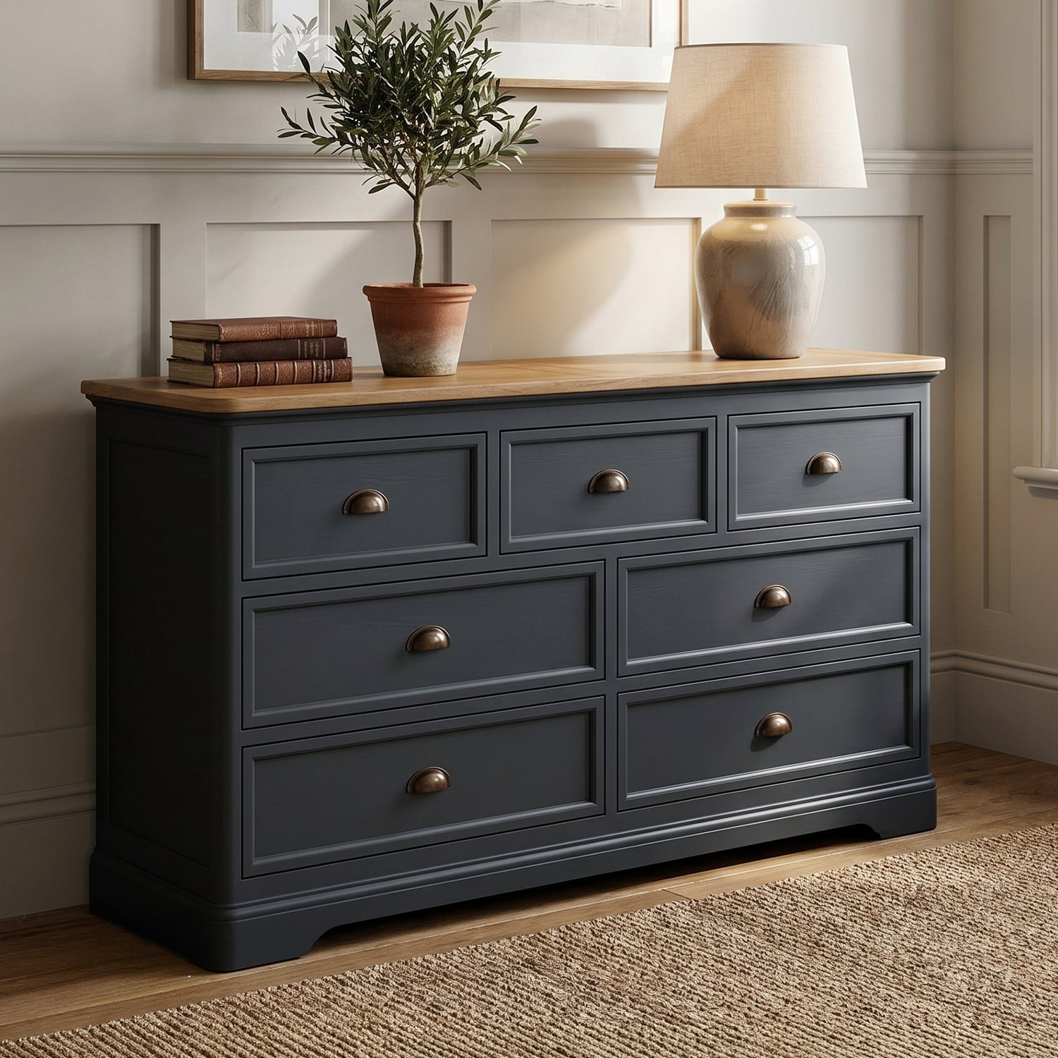 Bridstow Oak and Blue Painted Wide Chest Of Drawers