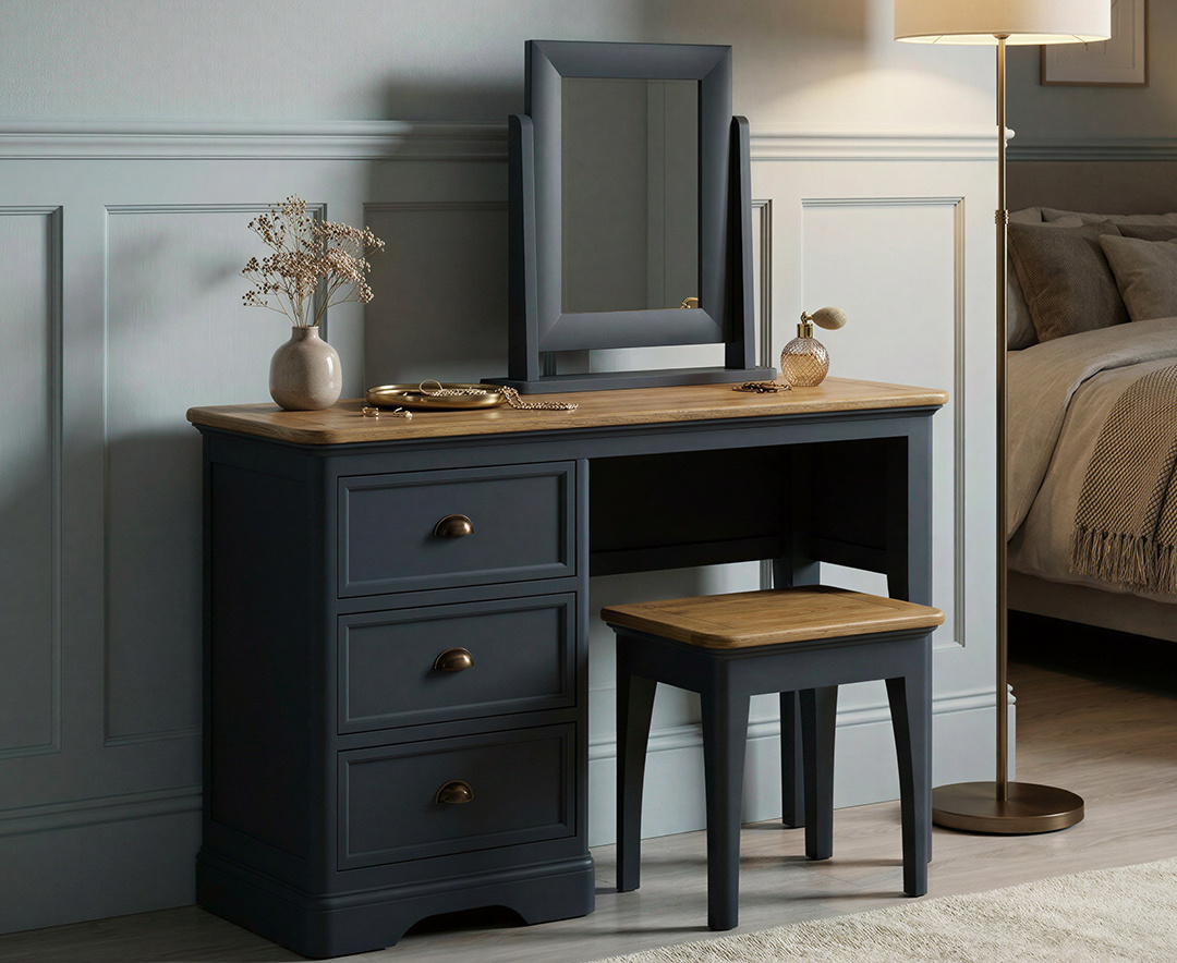 blue dressing table Bridstow Oak and Painted Set Color:Black Suede Includes all necessary tools feature_Cocktail Dresses shop royal blue dress