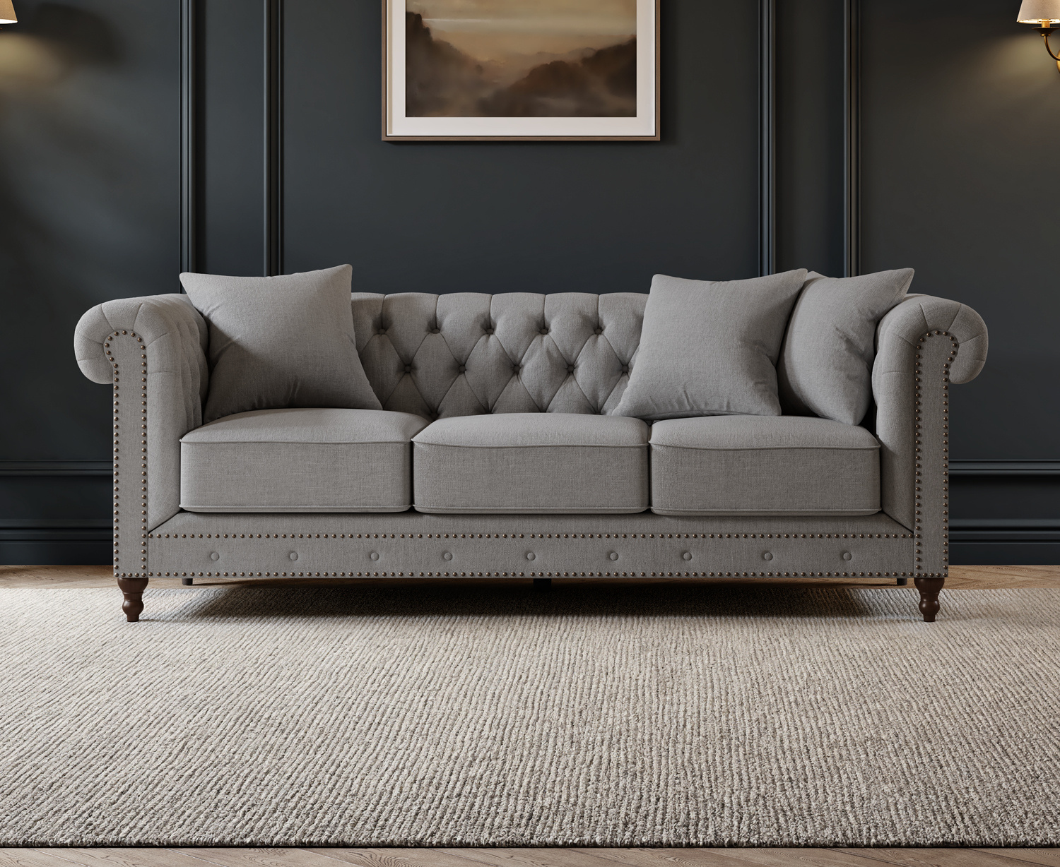 Westminster Chesterfield Grey Linen Fabric 3 Seater Sofa