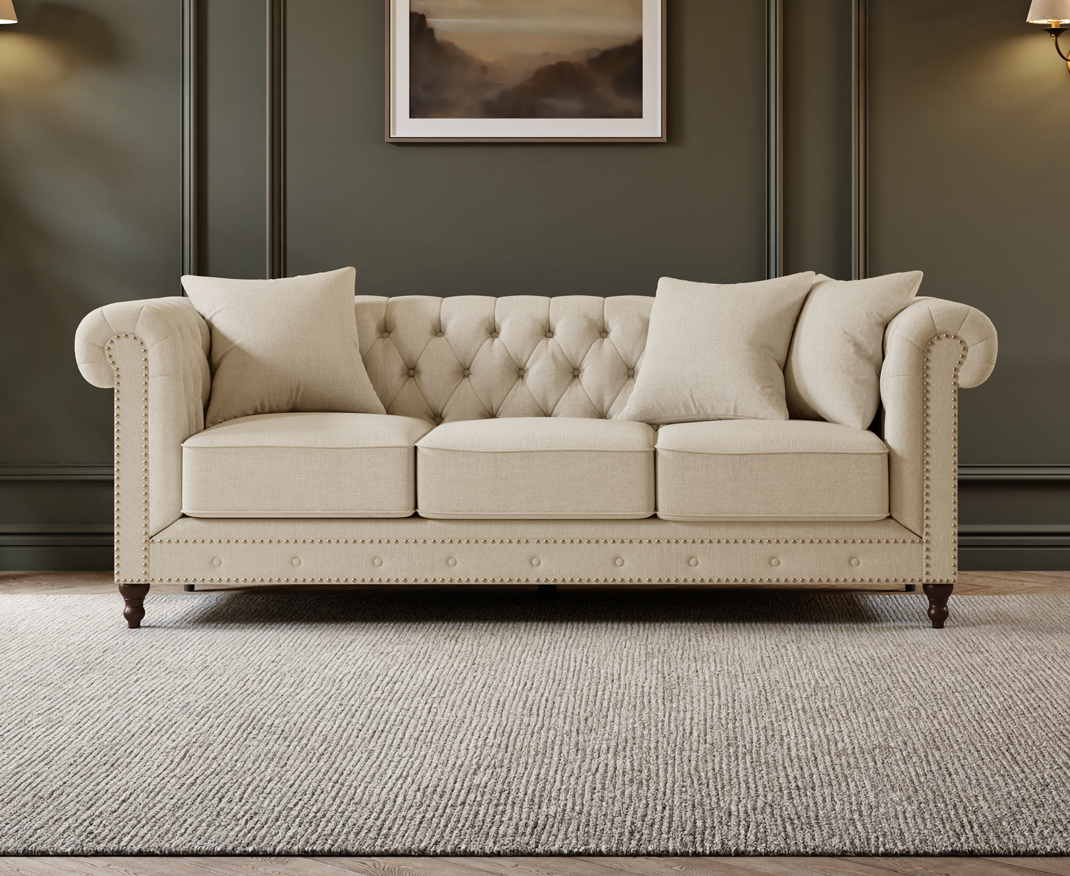 Westminster Chesterfield Ivory Linen 3 Seater Sofa