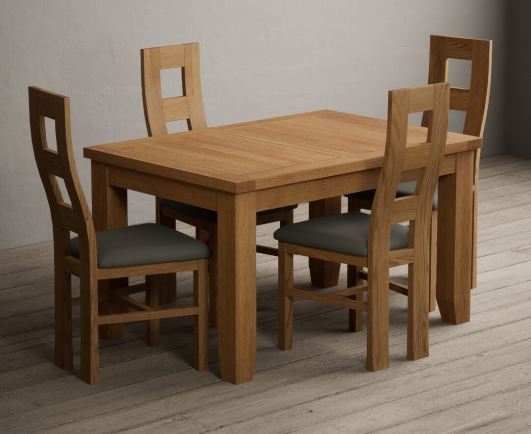 Extending Yateley 130cm Solid Oak Dining Table with 4 Grey Natural Solid Oak Chairs