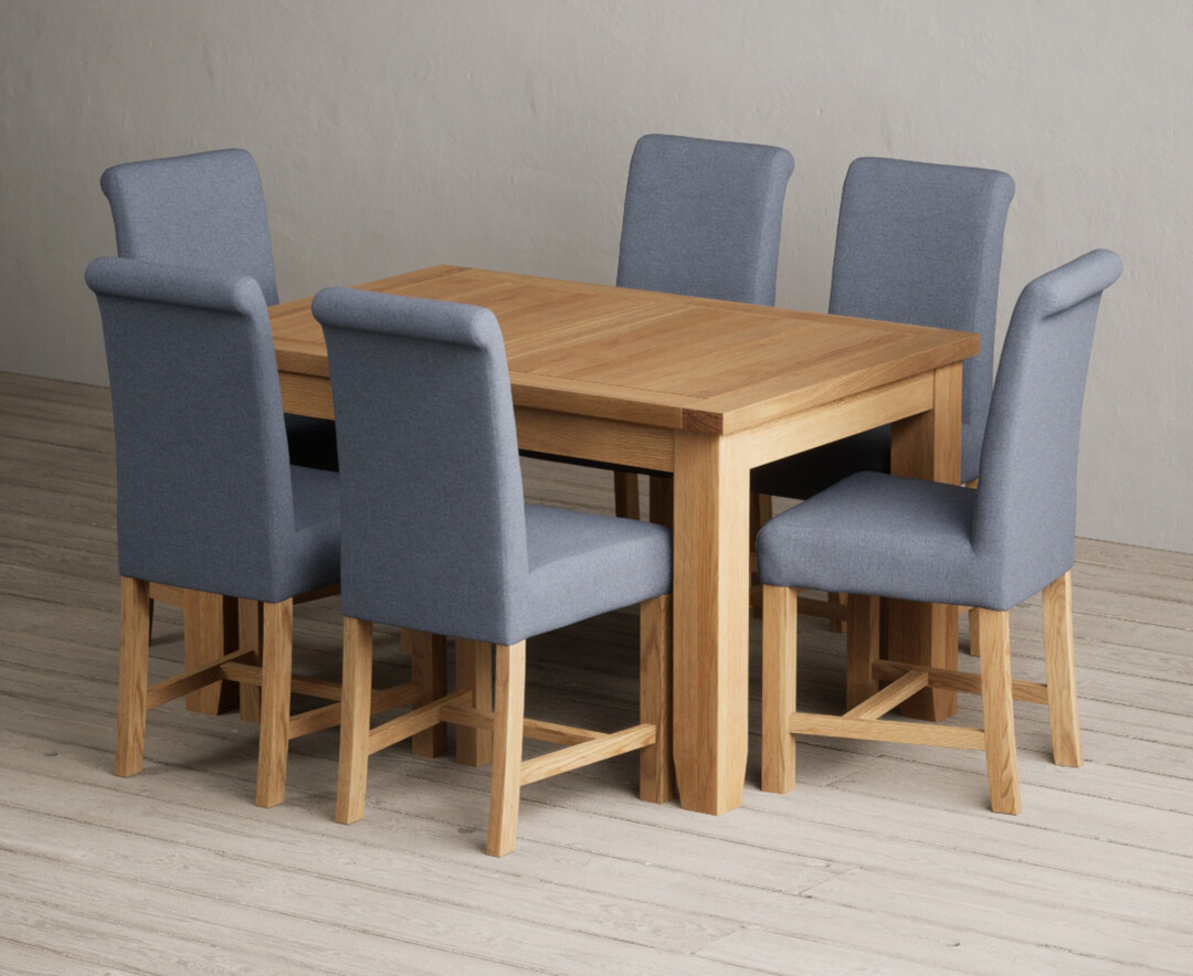 Extending Yateley 130cm Solid Oak Dining Table with 4 Blue Braced Chairs