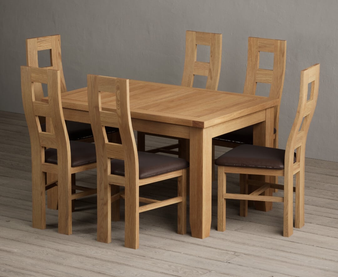 Extending Yateley 130cm Solid Oak Dining Table with 6 Brown Natural Chairs