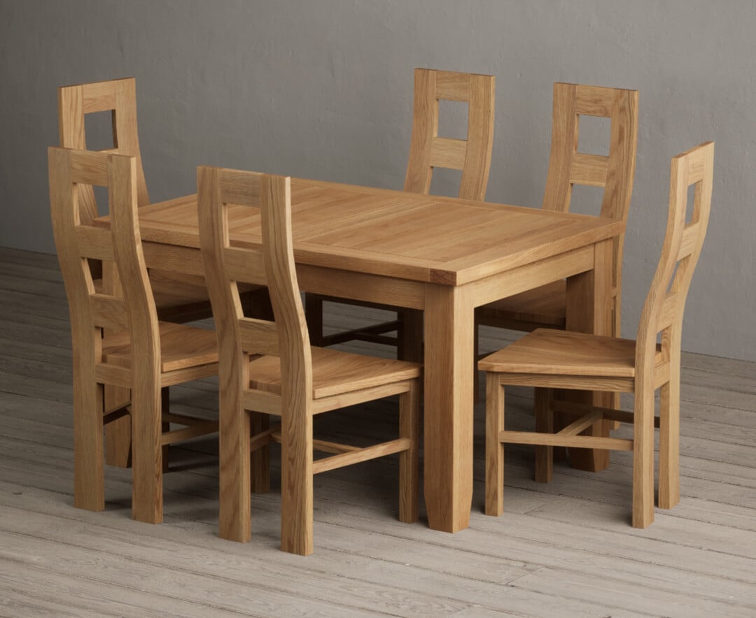 Extending Yateley 130cm Solid Oak Dining Table with 6 Brown Natural Chairs
