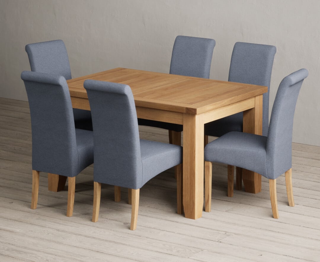 Extending Yateley 130cm Solid Oak Dining Table with 6 Blue Scroll Back Chairs