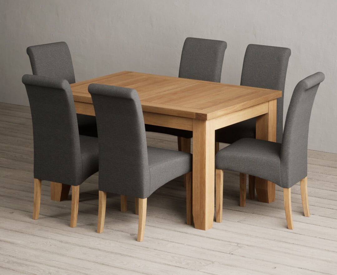 Extending Yateley 130cm Solid Oak Dining Table with 6 Blue Scroll Back Chairs