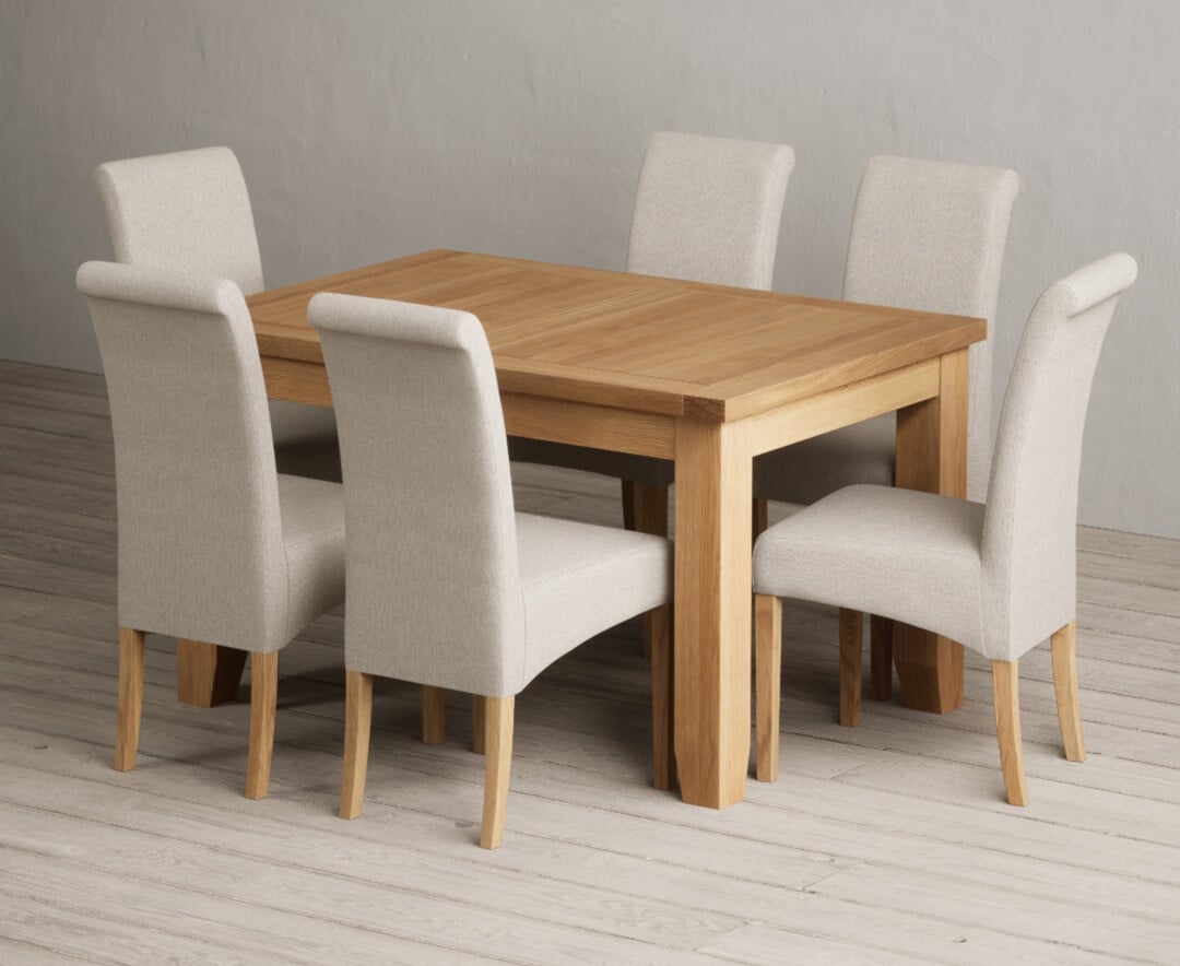 Extending Yateley 130cm Solid Oak Dining Table with 6 Blue Scroll Back Chairs