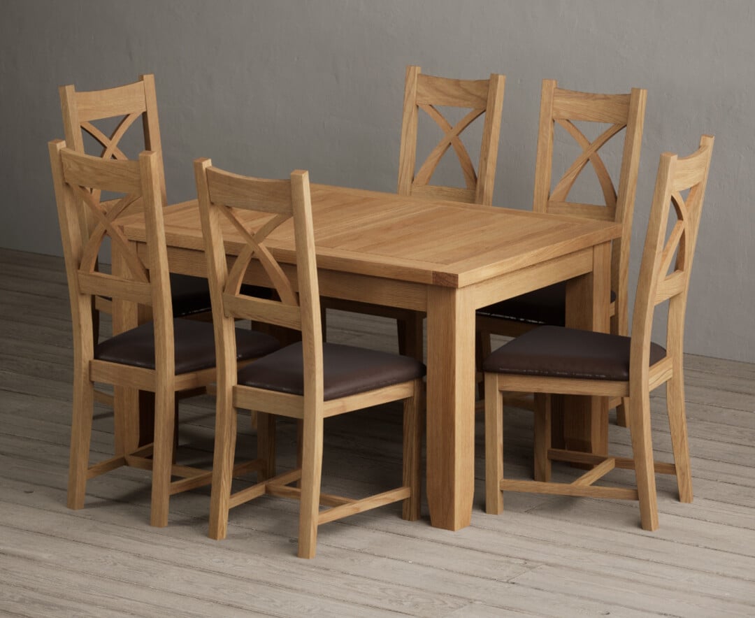 Extending Yateley 130cm Solid Oak Dining Table with 6 Brown Natural Chairs