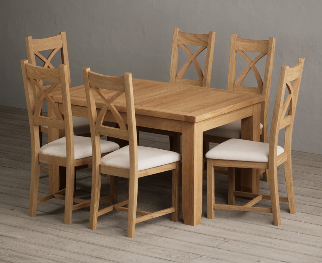 Extending Yateley 130cm Solid Oak Dining Table with 6 Brown Natural Chairs