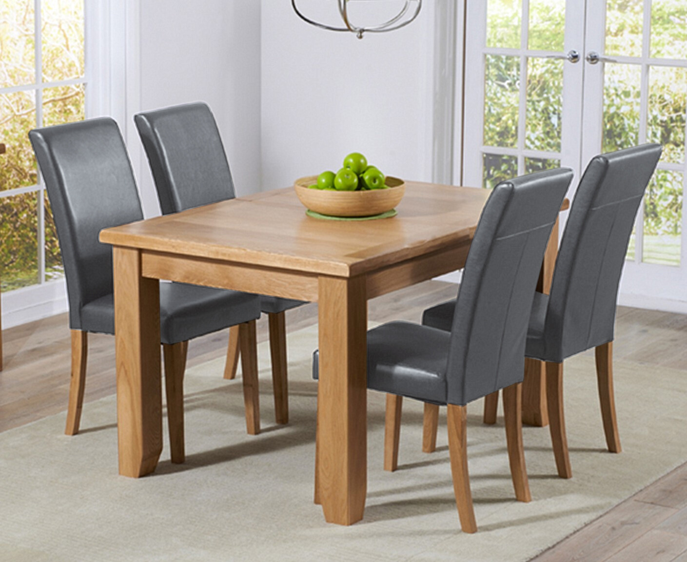 Extending Yateley 130cm Solid Oak Dining Table with 6 Grey Olivia Chairs