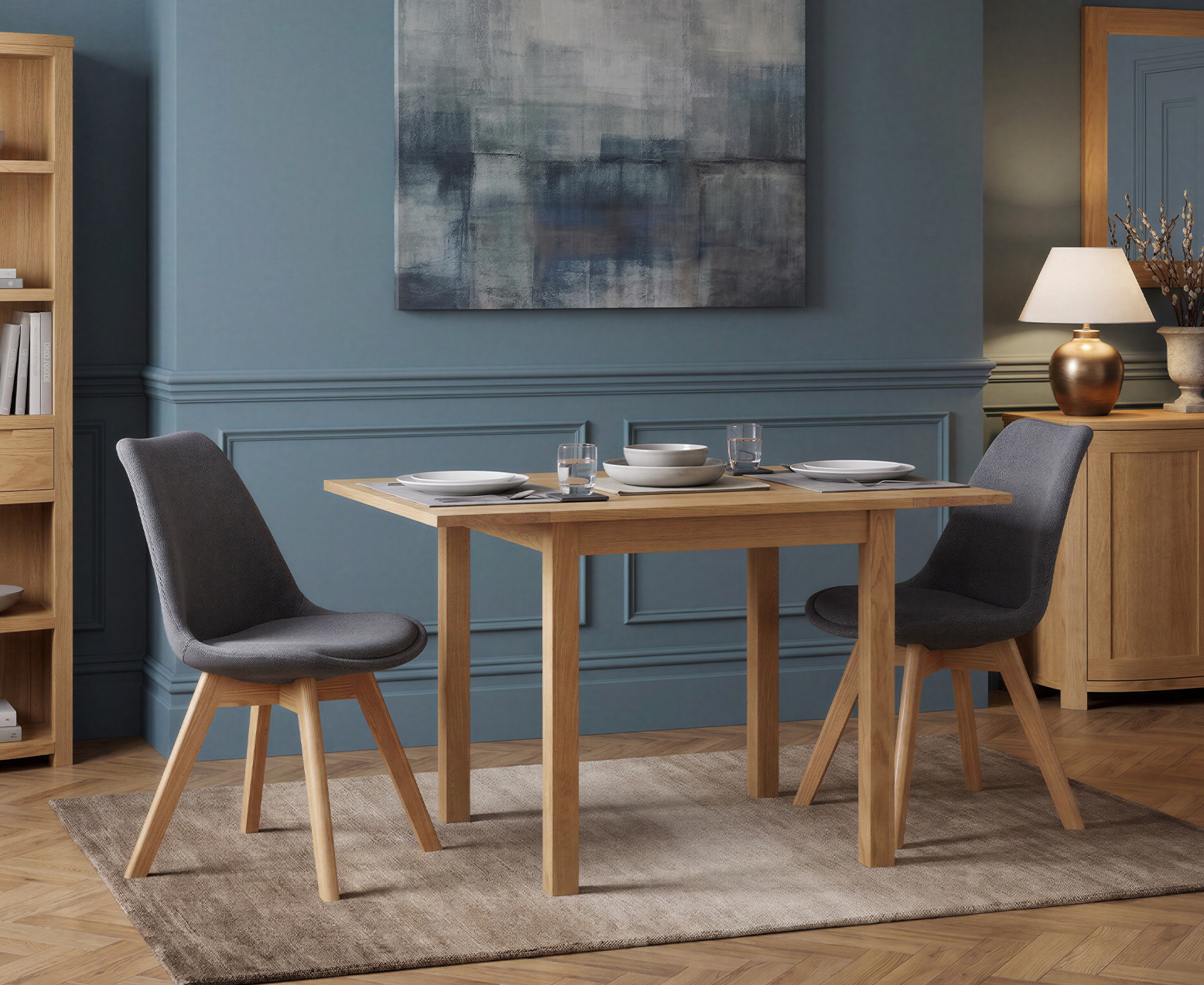 York 150cm Solid Oak Dining Table with 4 Light Grey York Chairs and 2 Oak Benches