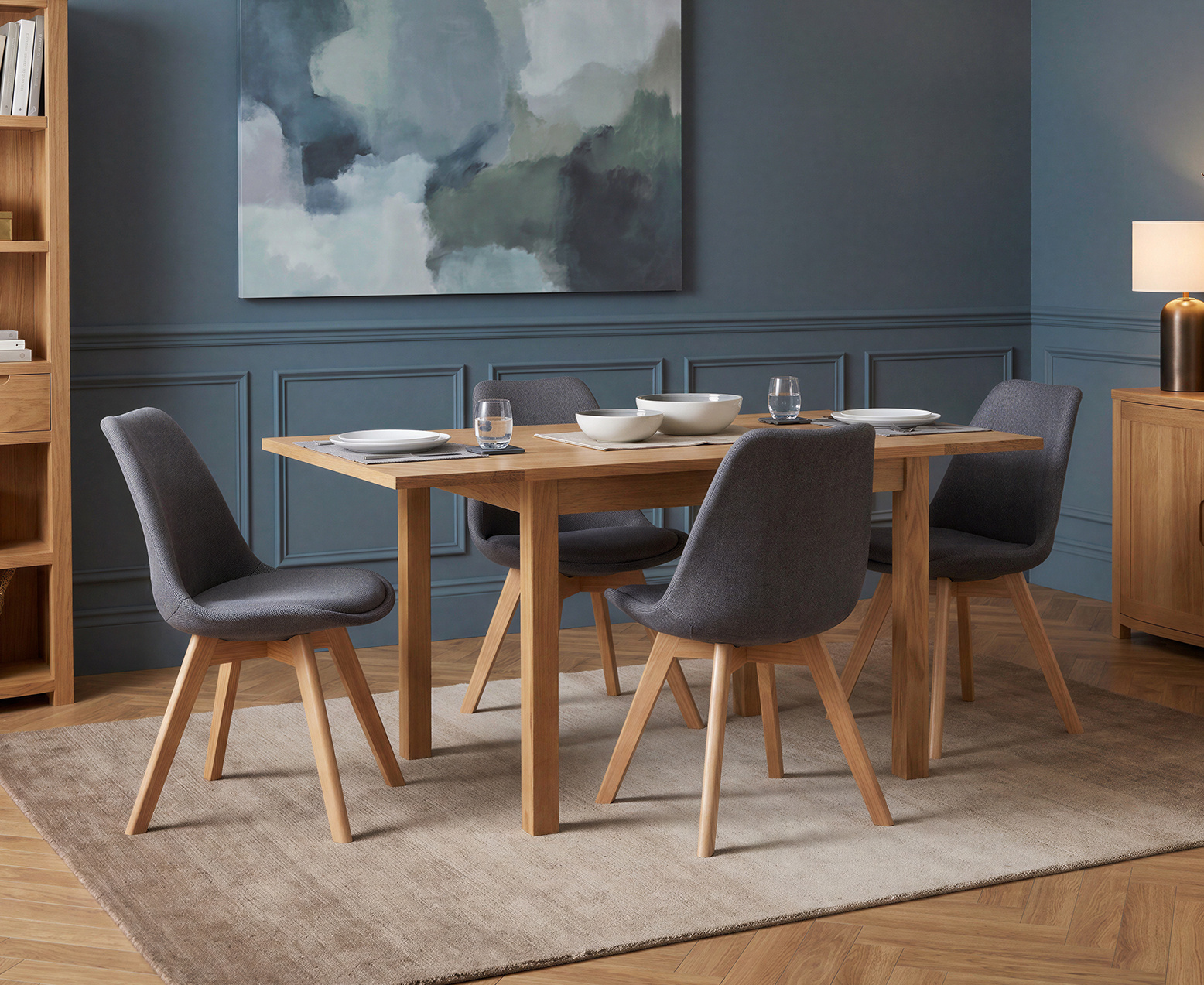 York 150cm Solid Oak Dining Table with 4 Light Grey York Chairs and 2 Oak Benches