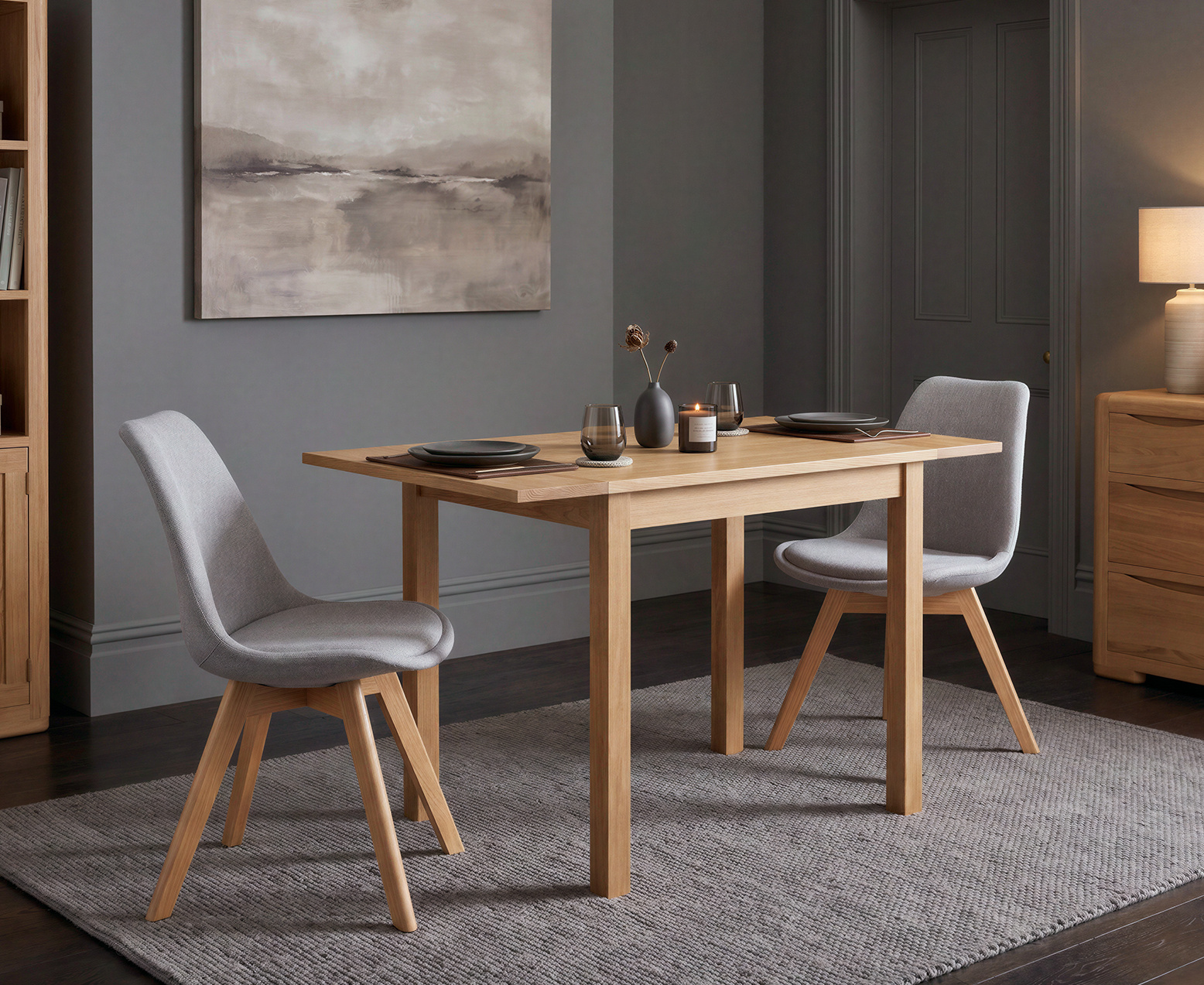 York 150cm Solid Oak Dining Table with 4 Light Grey York Chairs and 2 Oak Benches