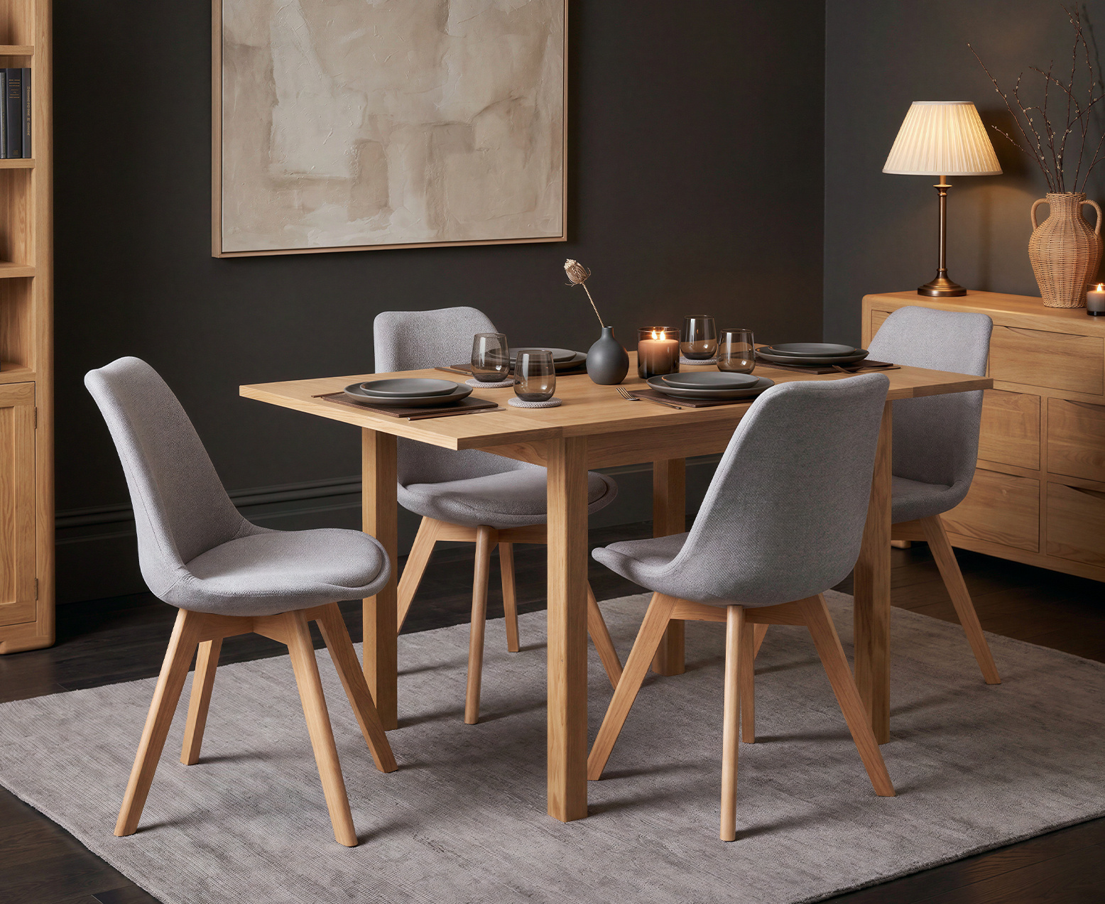 York 150cm Solid Oak Dining Table with 4 Light Grey York Chairs and 2 Oak Benches