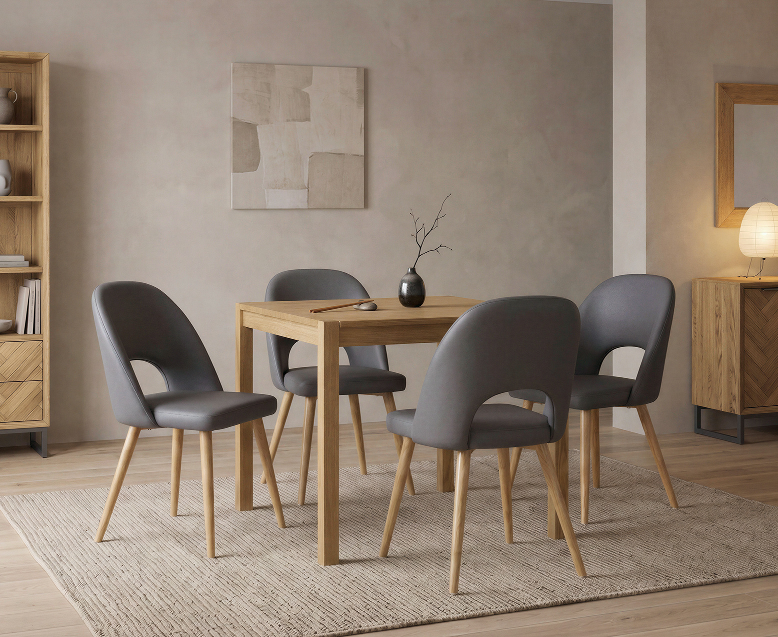 York 150cm Solid Oak Dining Table with 4 Light Grey York Chairs and 2 Oak Benches