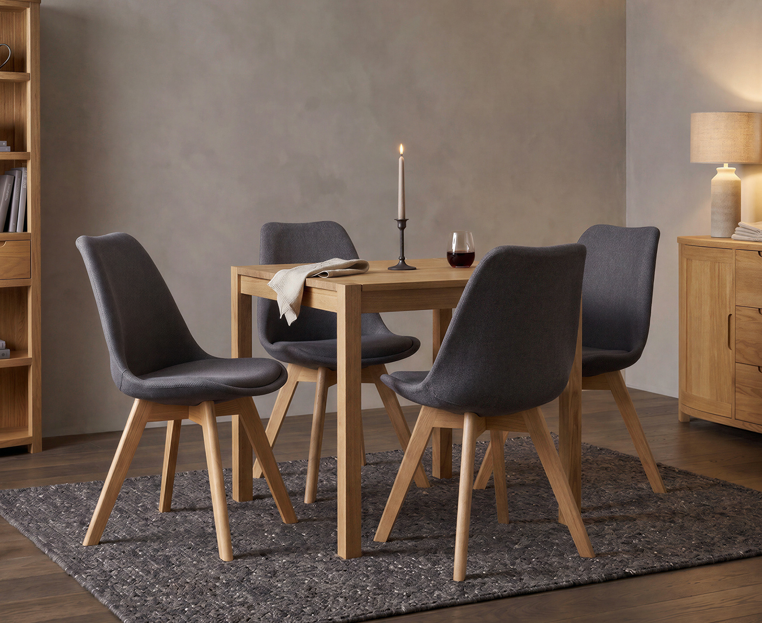 York 150cm Solid Oak Dining Table with 4 Light Grey York Chairs and 2 Oak Benches