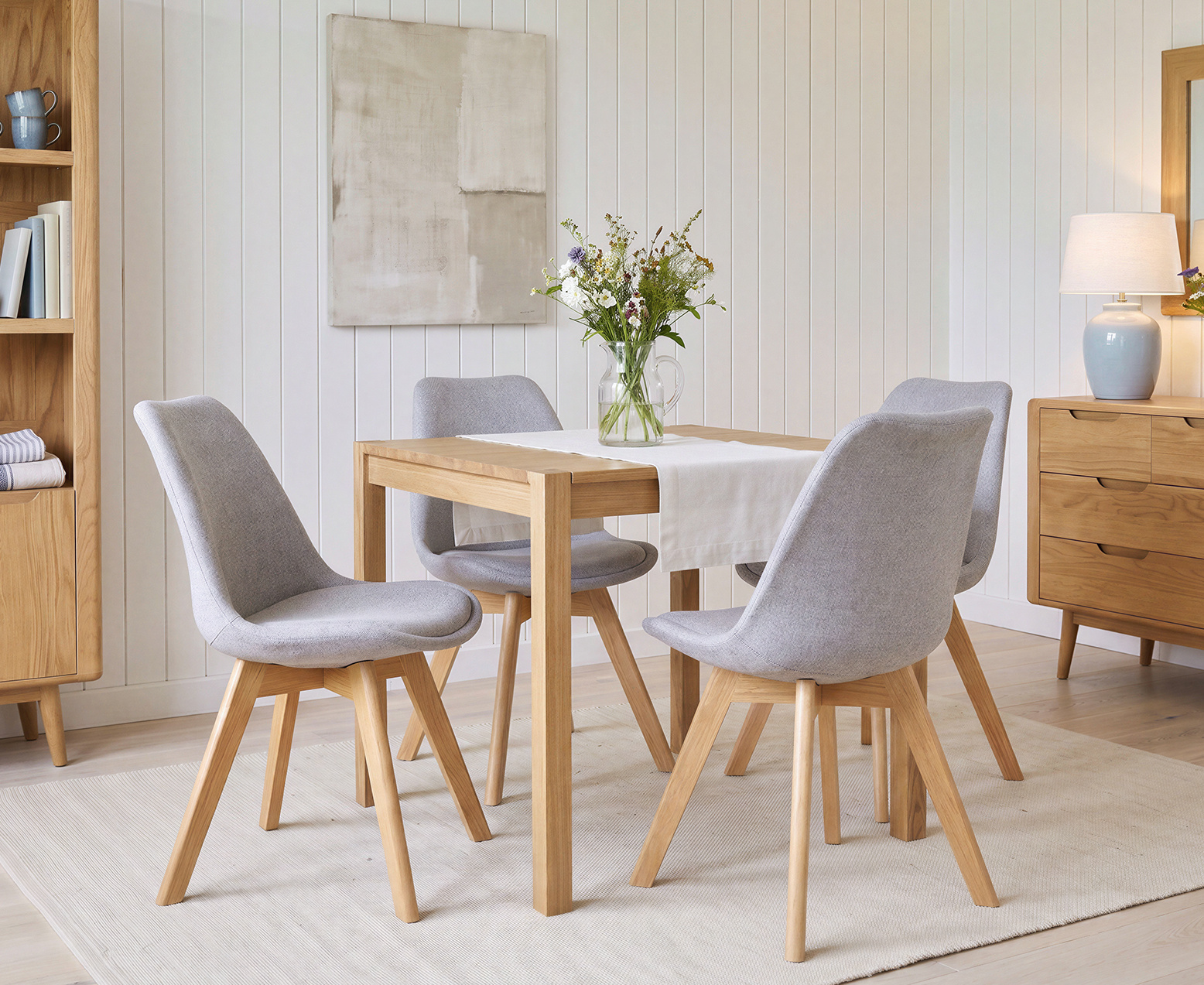 York 150cm Solid Oak Dining Table with 4 Light Grey York Chairs and 2 Oak Benches