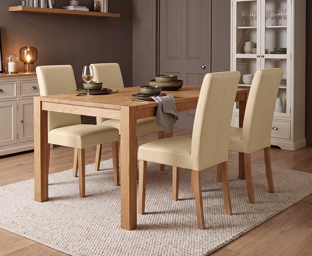 York 150cm Solid Oak Dining Table with 4 Cream Olivia Chairs