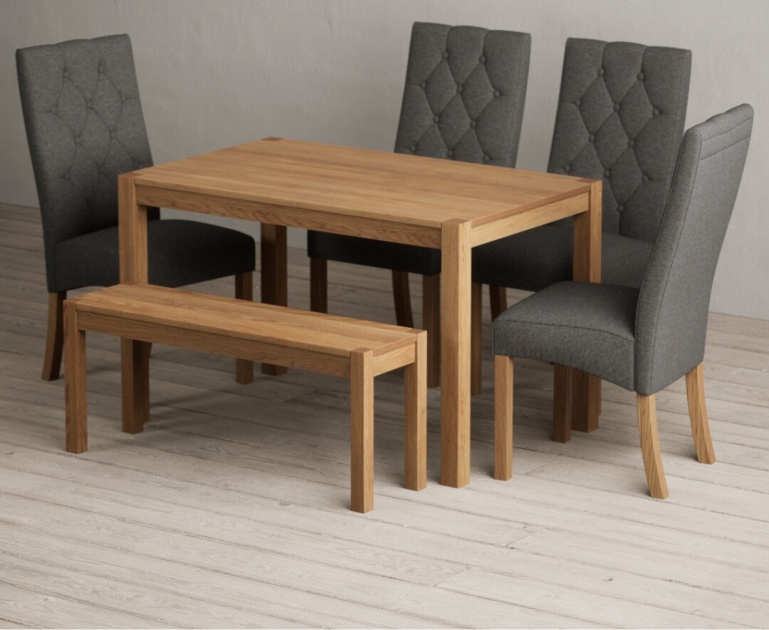 York 120cm Solid Oak Dining Table With 4 Grey Maya Chairs With 2 Oak Benches