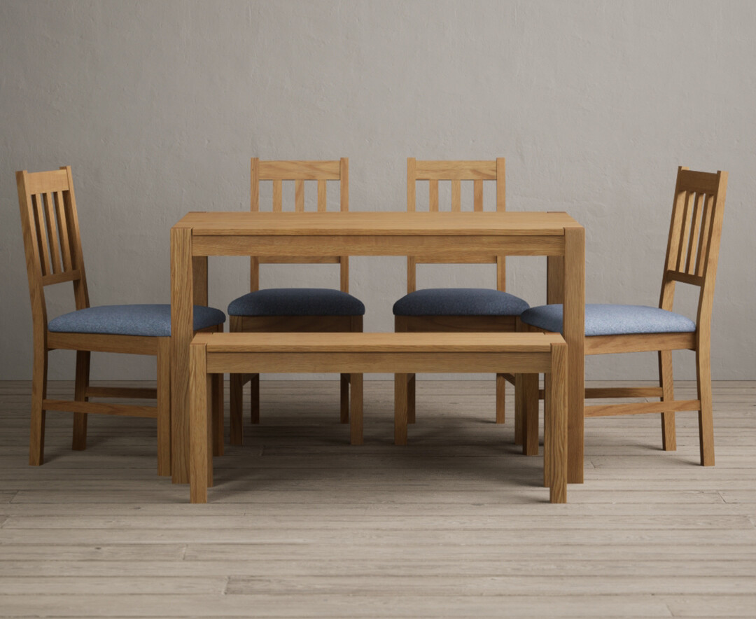 York 120cm Solid Oak Dining Table with 2 Blue York Chairs with 1 Oak Bench from Oak Furniture Superstore