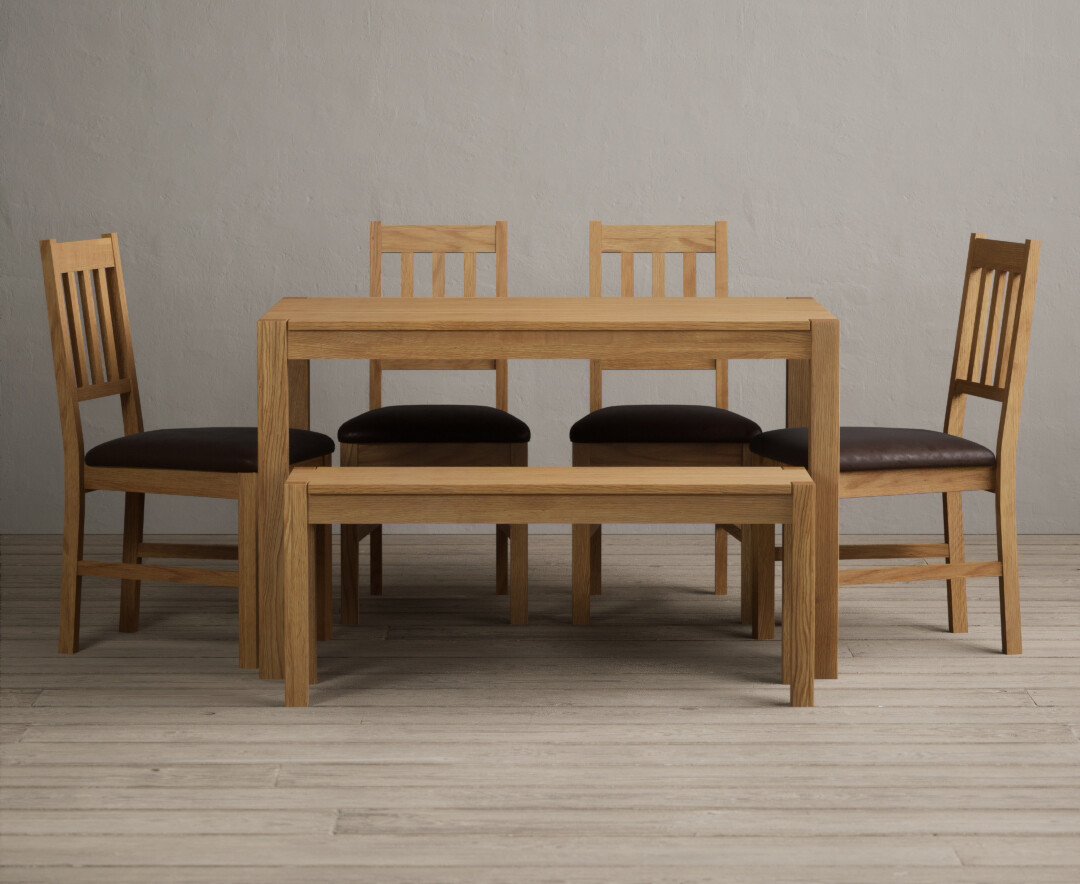 York 120cm Solid Oak Dining Table with 2 Blue York Chairs with 2 Oak Benches from Oak Furniture Superstore
