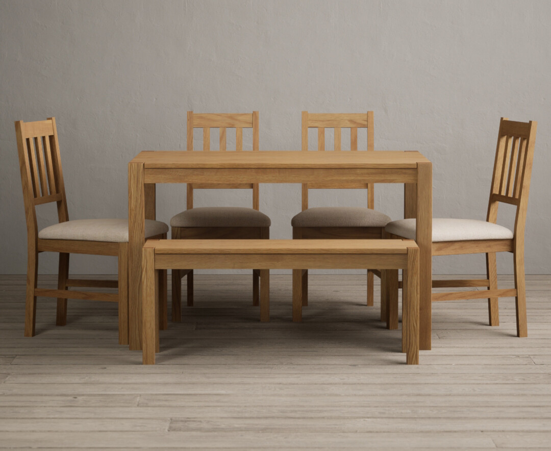 York 120cm Solid Oak Dining Table with 2 Brown York Chairs with 1 Oak Bench from Oak Furniture Superstore