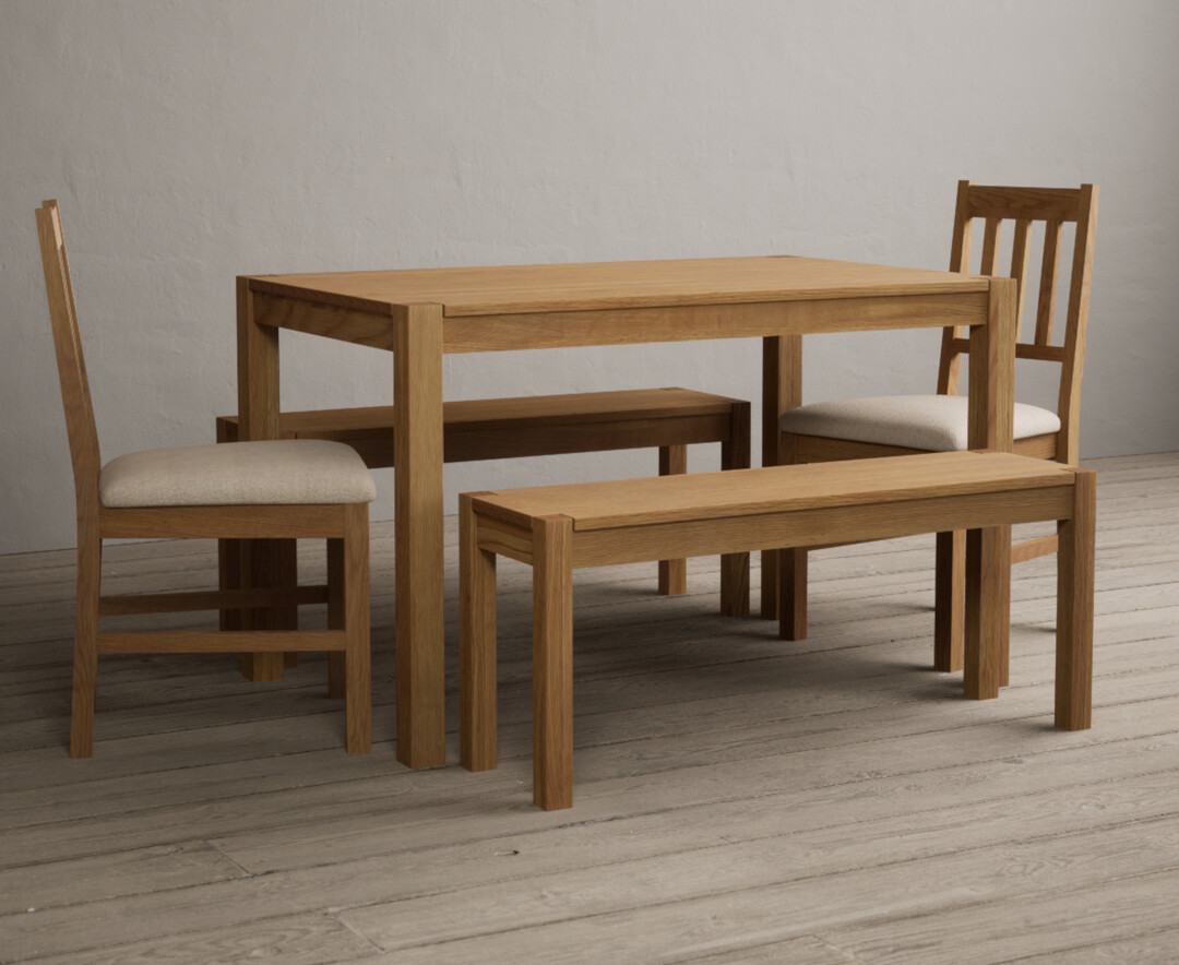 York 120cm Solid Oak Dining Table with 2 Linen York Chairs with 1 Oak Bench