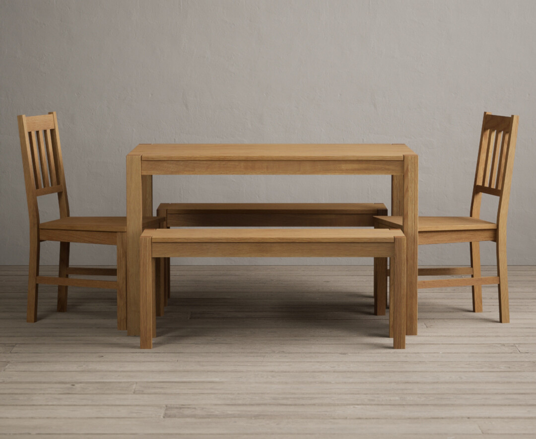 York 120cm Solid Oak Dining Table with 4 Blue York Chairs and 1 Oak Bench
