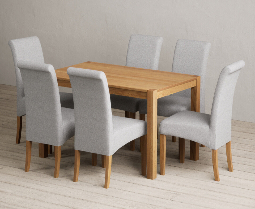 York 120cm Solid Oak Dining Table with 6 Blue Scroll Back Chairs
