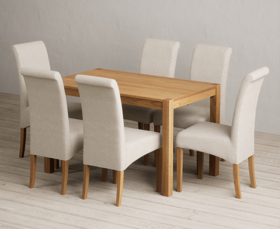 York 120cm Solid Oak Dining Table with 6 Blue Scroll Back Chairs