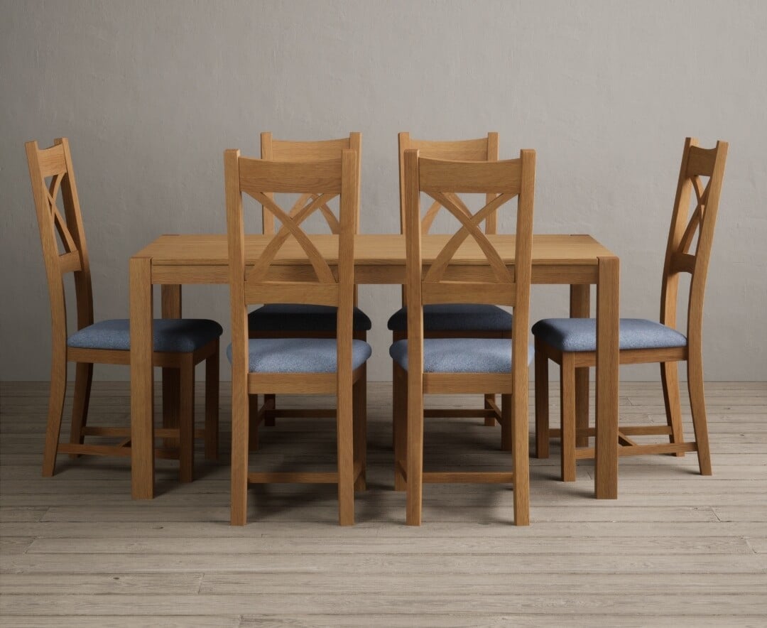 York 120cm Solid Oak Dining Table with 6 Blue Natural Solid Oak Chairs