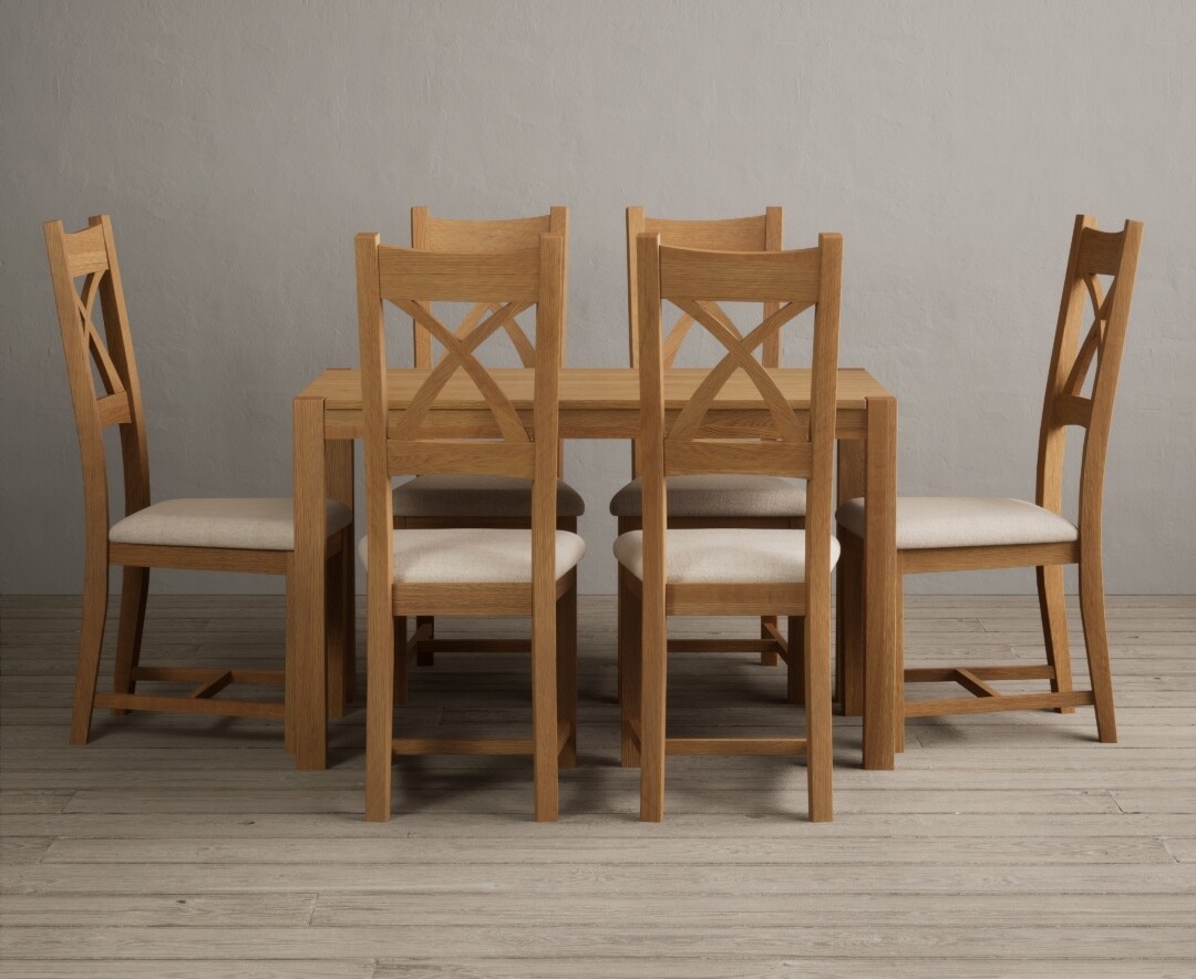 York 120cm Solid Oak Dining Table with 6 Linen Natural Solid Oak Chairs