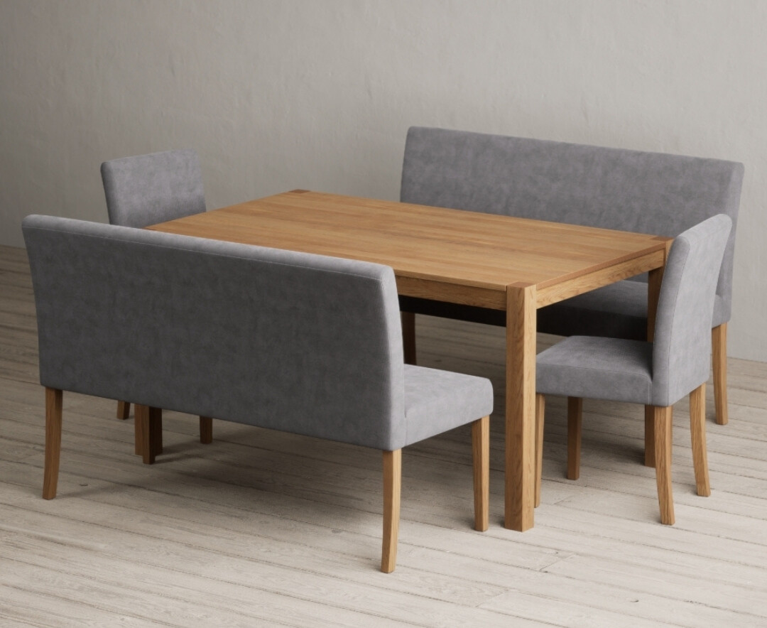 York 150cm Solid Oak Dining Table with 2 Grey Lila Chairs with 1 Grey Bench from Oak Furniture Superstore