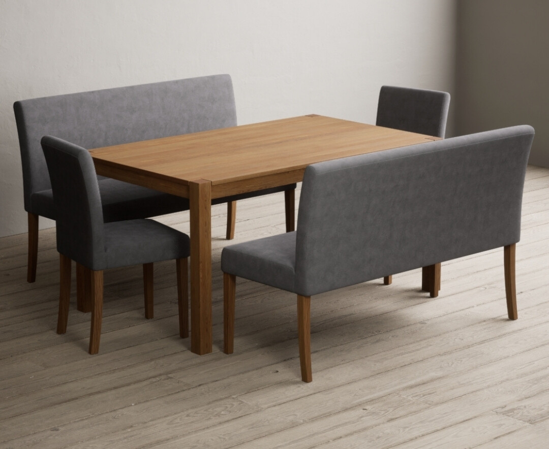 York 150cm Solid Oak Dining Table With 2 Grey Lila Chairs With 2 Grey Benches