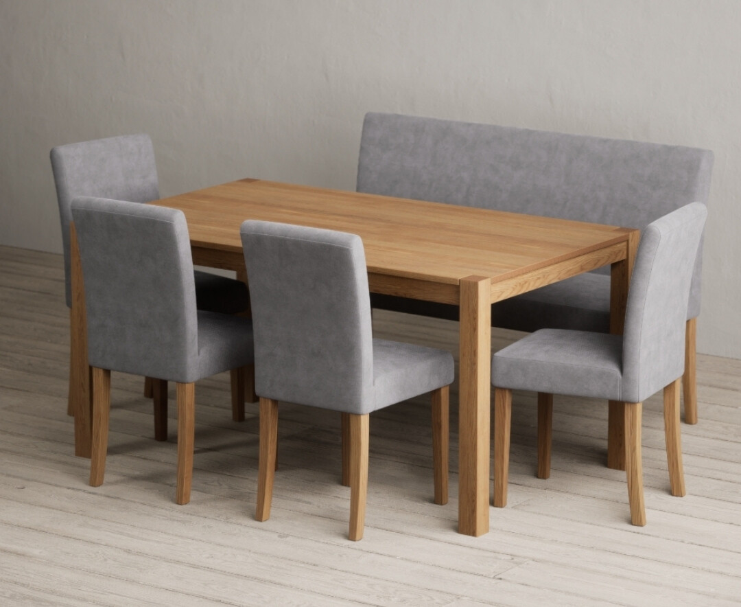 York 150cm Solid Oak Dining Table With 4 Grey Lila Chairs With 1 Grey Bench