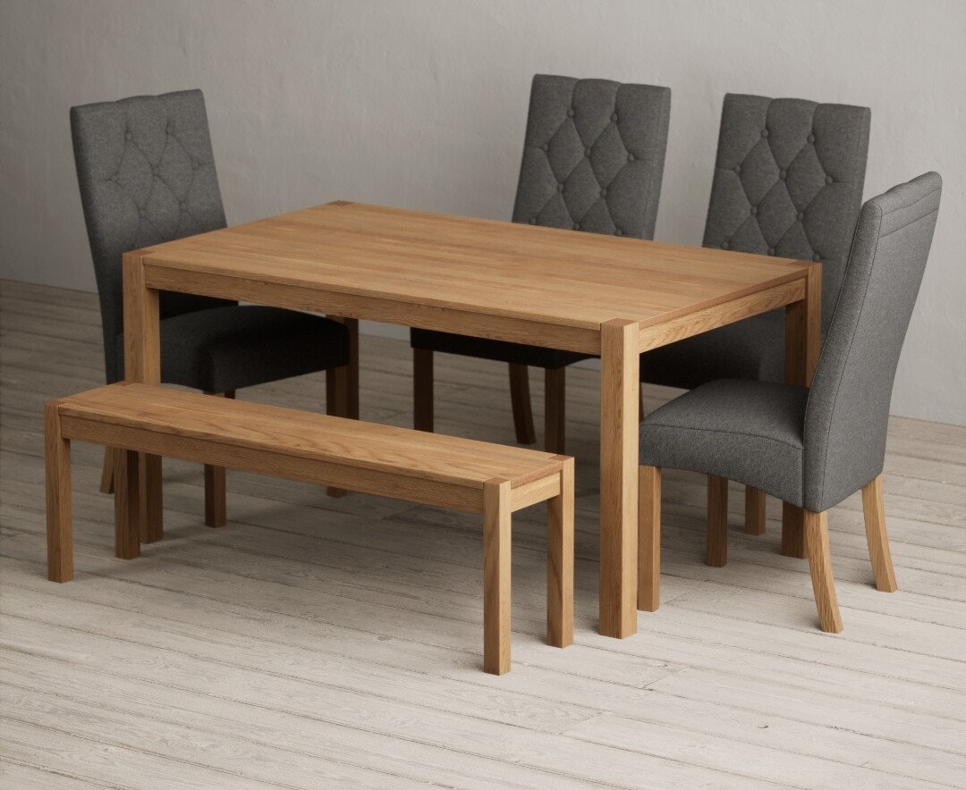 York 150cm Solid Oak Dining Table with 4 Grey Maya Chairs with 2 Oak Benches from Oak Furniture Superstore