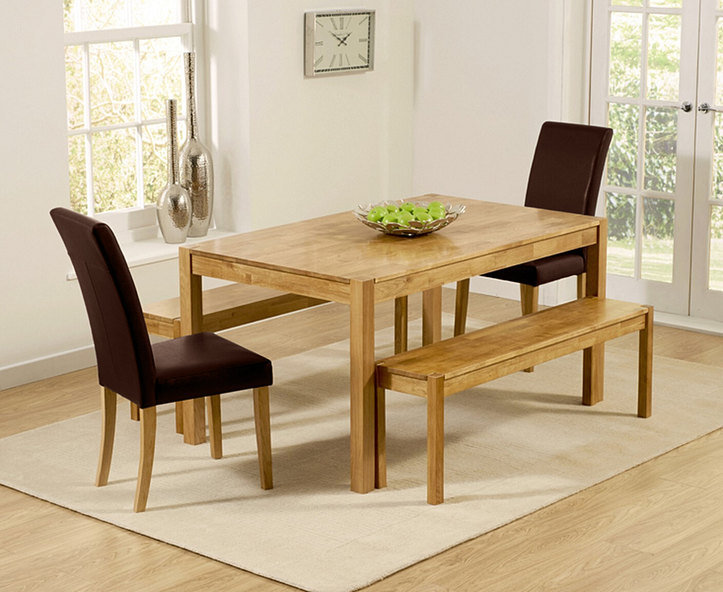 York 150cm Solid Oak Dining Table with 2 Brown Olivia Chairs and 2 Oak Benches