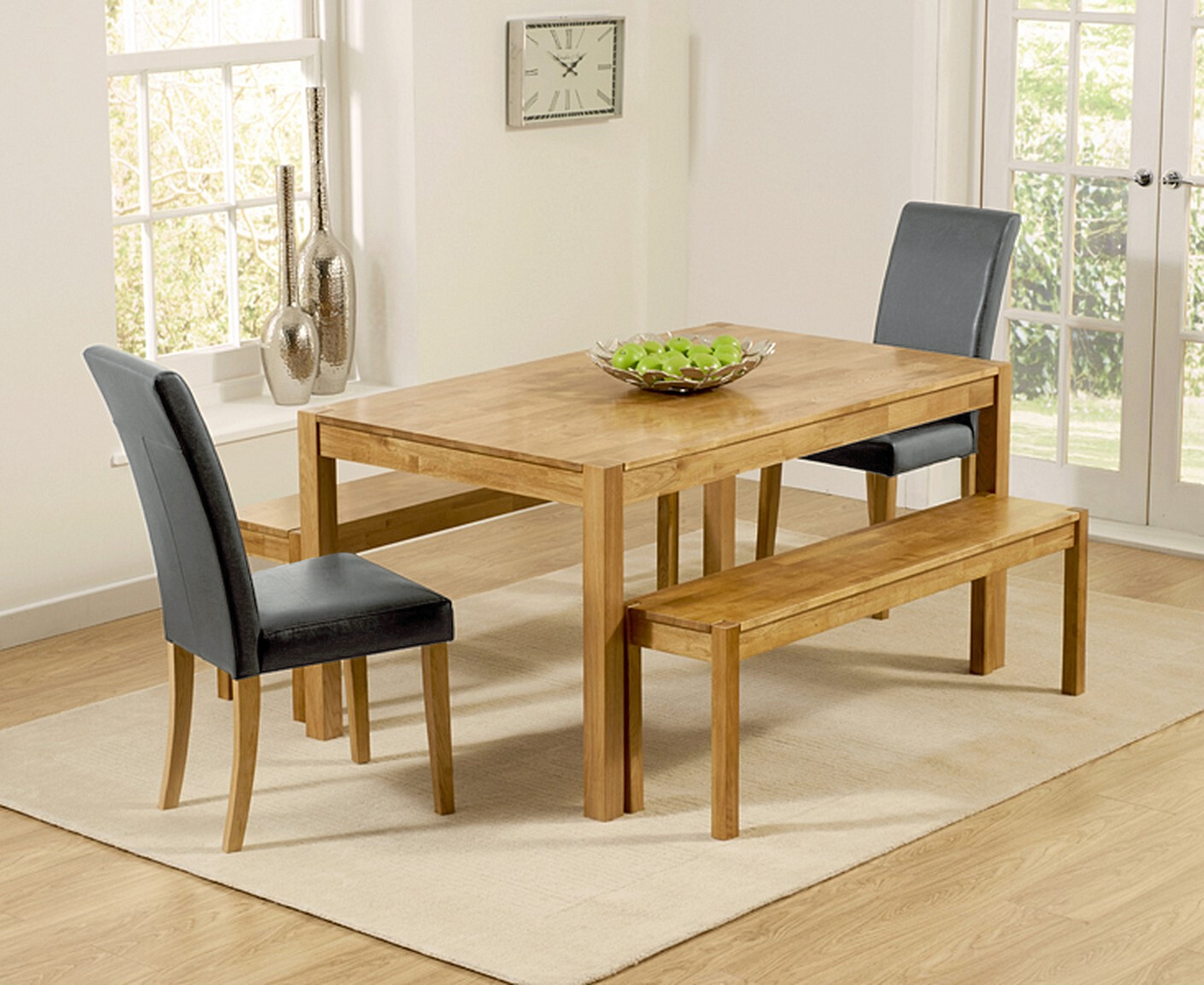 York 150cm Solid Oak Dining Table with 2 Brown Olivia Chairs and 2 Oak Benches