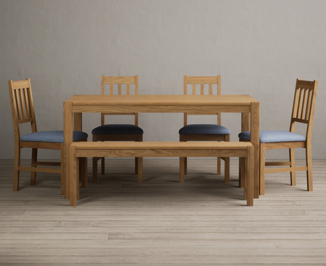 York 150cm Solid Oak Dining Table with 2 Blue York Chairs with 1 Oak Bench from Oak Furniture Superstore