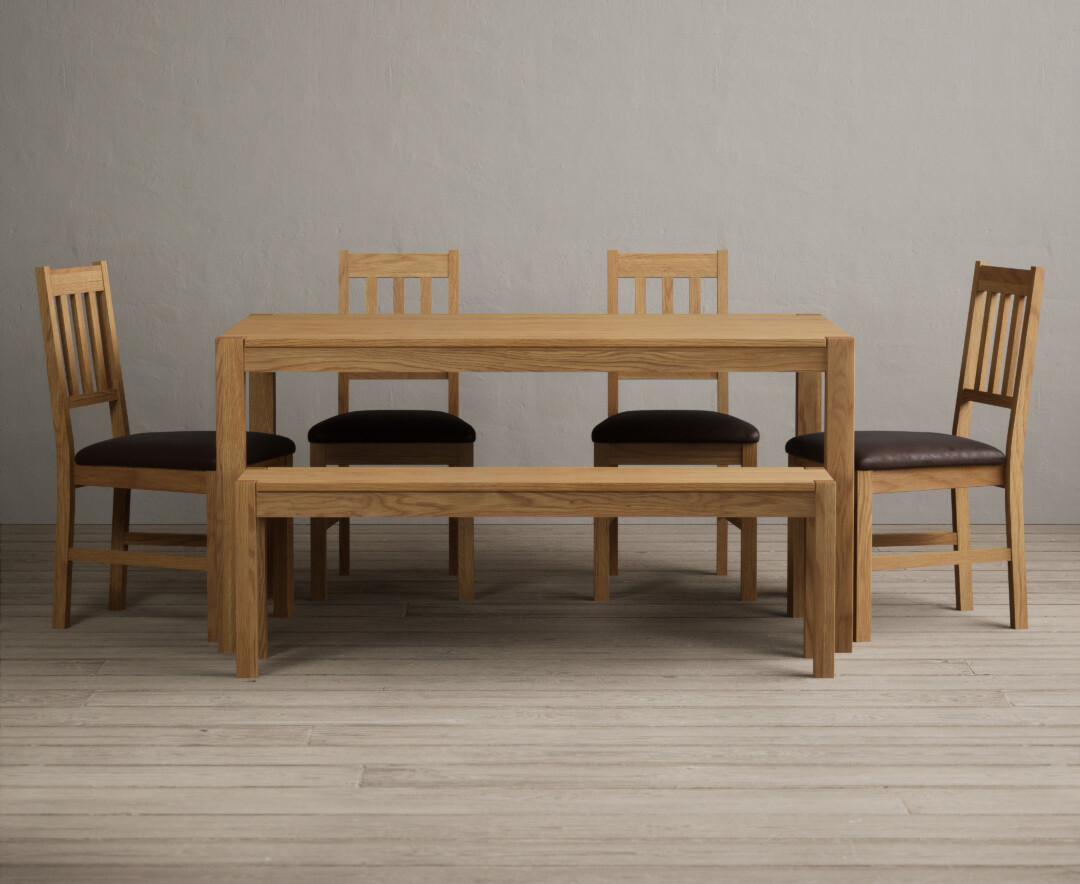 York 150cm Solid Oak Dining Table with 2 Brown York Chairs with 2 Oak Benches from Oak Furniture Superstore