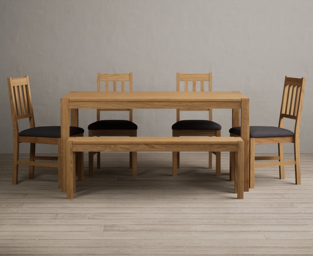York 150cm Solid Oak Dining Table with 4 Linen York Chairs with 2 Oak Benches from Oak Furniture Superstore